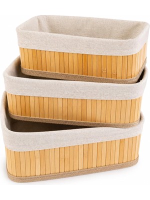 1001 Bambu Organizer Sepet 3’lü Set – Kumaş Kaplı Dekoratif Saklama Kutusu, Çok Amaçlı Düzenle