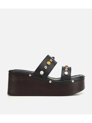 Hotiç 01TEY324200A100 KADIN Siyah Renkli Taş Aksesuar Platform Sandalet