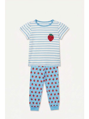 DeFacto %100 Pamuk Regular Fit Kısa Kollu Baskılı Tişört Baskılı Lastikli Paça Alt 2'li Pijama Takımı Kız Bebek H5502A526AU