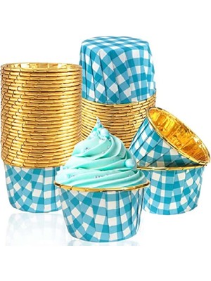 1001 25'li Mavi Gold Ekoseli Mavi Pötikare Muffin Kek Kalıbı, Kek Kapsülü Cupcake Kalıbı, Airfryer