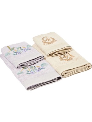 1001 Taç%60 Pamuk%40 Vıscose Muse Hamam Seti Lavanta-Camel 4'lü Set