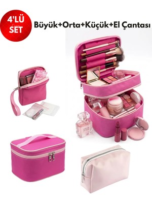 NS Reliable 4’lü Set Makyaj ve Kozmetik Seyahat Çantası - Su Geçirmez Düzenleyici Valiz Içi Organizer-Fuşya