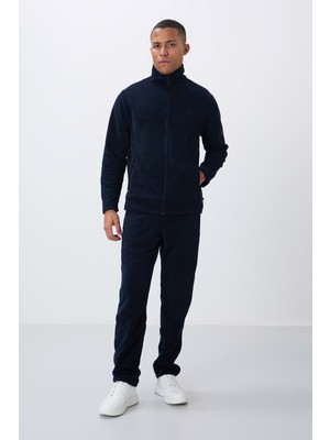 Tommy Life Lacivert Dik Yaka Basic Fermuar Cepli Standart Kalıp Erkek Polar Eşofman Takımı - 85193