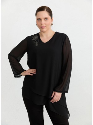 Selen Siyah Kadın Taşlı Bluz 26YSL8374