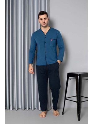 Guava Homewear Erkek V Yaka Önden Düğme Gömlek Yaka Göğüs Cepli Pamuklu Cepli Uzun Kol Mevsimlik Pijama Takımı