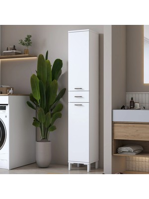 Rani KC112 Banyo Dolabı 2 Kapaklı 4 Raflı Çekmeceli Çok Amaçlı Dolap Beyaz