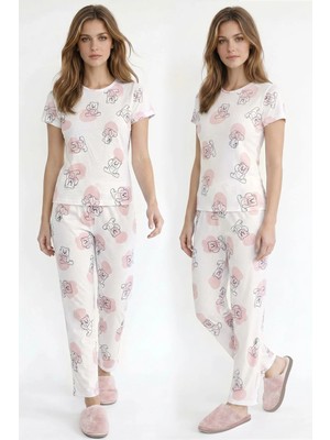 Kompedan Kadın Bisiklet Yaka Yumuşak Dokulu Büyük Ayıcık Desenli Kısa Kol Pijama Takım | Ekru 70132-3293
