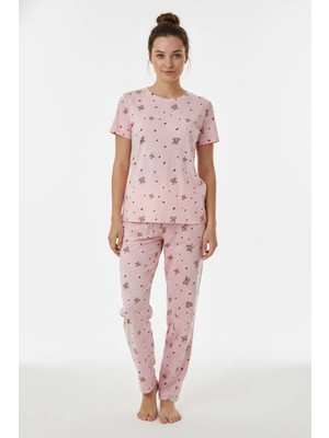 Kompedan Kadın Bisiklet Yaka Yumuşak Dokulu Ayıcık Desenli Kısa Kol Pijama Takım | Pembe 70132-4603