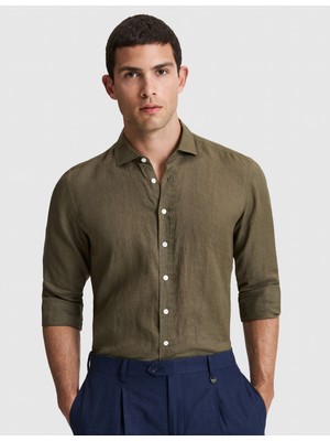 Pierre Cardin Erkek Haki %100 Keten Regular Fit Uzunkollu Gömlek 50320945-VR027