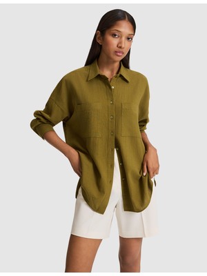Pierre Cardin Kadın Haki Oversize Keten Karışımlı Gömlek 50328624-VR027