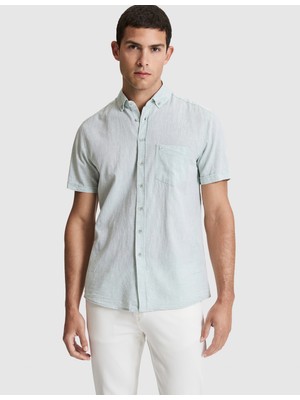 Pierre Cardin Erkek Su Yeşili Keten Karışımlı Regular Fit Kısa Kollu Gömlek 50320933-VR048