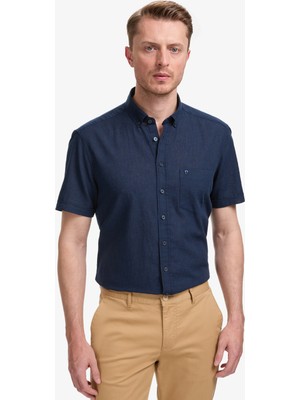 Pierre Cardin Erkek Lacivert Keten Karışımlı Regular Fit Kısa Kollu Gömlek 50325340-VR033