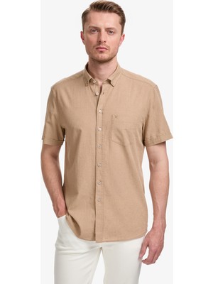 Pierre Cardin Erkek Vizon Keten Karışımlı Regular Fit Kısa Kollu Gömlek 50325340-VR052