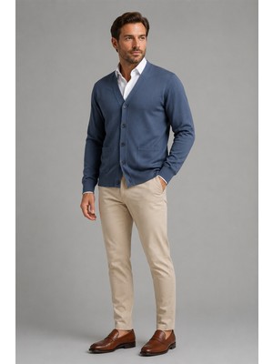Beyome Erkek %100 Cotton V Yaka Düğmeli Hırka-Süveter Yandan Cepli Triko Günlük Şık Rahat Kesim