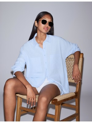 Pierre Cardin Kadın Mavi Oversize Keten Karışımlı Gömlek 50328624-VR249