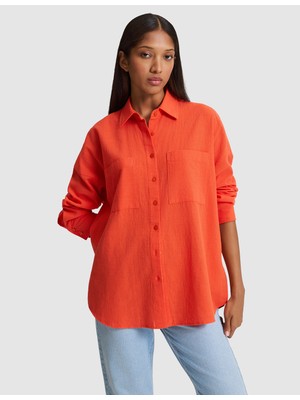 Pierre Cardin Kadın Nar Çiçeği Oversize Keten Karışımlı Gömlek 50328624-VR039