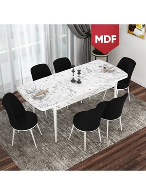 Canisa Concept  Kor Serisi, MDF Beyaz Mermer Desen 70X114 Açılabilir Mutfak Masası Takımı, 6 Sandalye