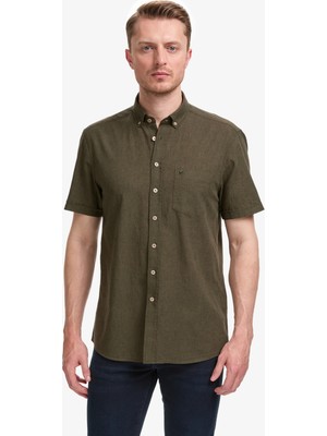 Pierre Cardin Erkek Haki Keten Karışımlı Regular Fit Kısa Kollu Gömlek 50325340-VR027