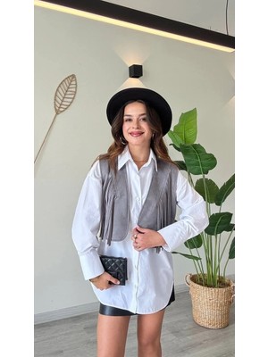 Püskül Detaylı Modern Yelek – Güçlü ve Özgür Stil-Gri