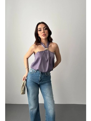 Lila Toka Detaylı Bluz