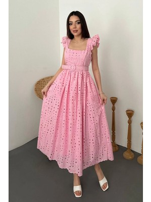 Pembe Dantelli Brode Elbise
