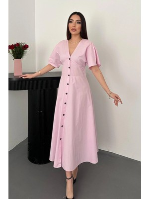 Pembe Düğmeli Midi Boy Poplin Elbise