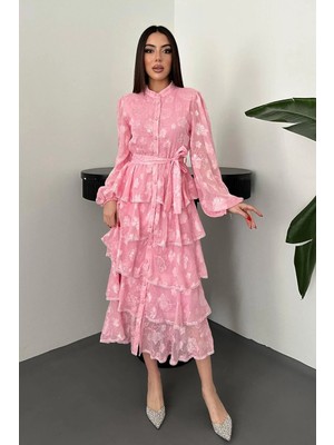 Pembe Kat Kat Volanlı Elbise