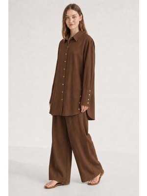 Kahverengi Mizalle Keten Dokulu Yan Düğme Detaylı Oversize Kahve Tunik