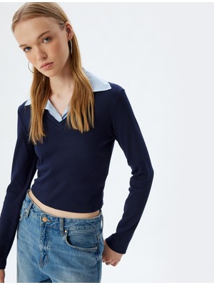 Koton Pamuklu Gömlek Yaka Katlı Slim Fit Uzun Kollu Tişört
