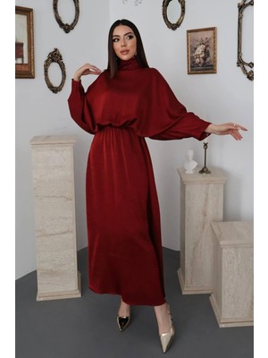 Altunay Atölye Bordo Jakarlı Saten Elbise