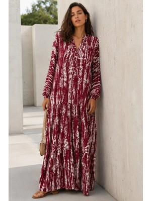 Bordo Desenli Önü Düğmeli  Uzun Kollu Elbise MG2398