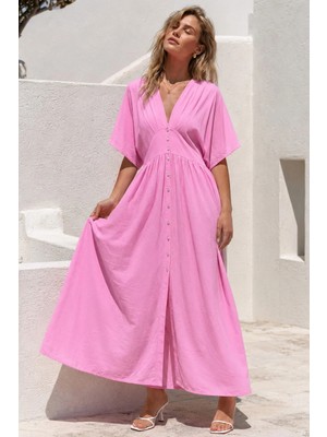 Madmext Pembe V Yaka Düğmeli Elbise MG2339