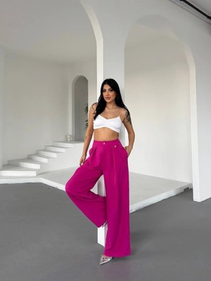 Altunay Atölye Yüksek Bel Bol Paça Dökümlü Kumaş Pantolon-Pembe