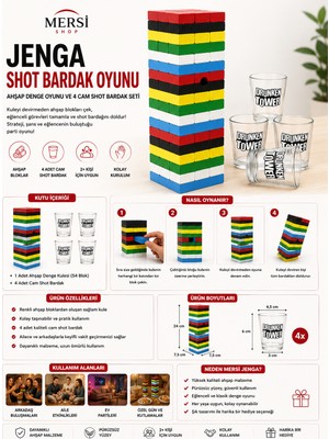 Mersi Shop Jenga Shot Bardak Oyunu – Ahşap Denge Oyunu ve 4 Cam Shot Bardak Seti