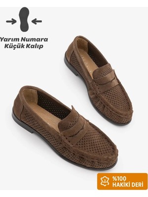 Marjin Kadın Hakiki Deri Loafer Makosen Delik Görünümlü Dikişli Büzgülü Günlük Ayakkabı Kaneri Kahve Süet