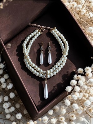 Fayra Accessories Kristal Taşlı Inci Sallantılı Tasma Inci Kolye ve Inci Küpe