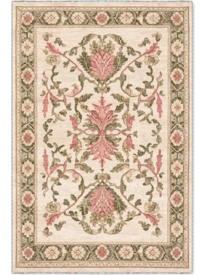 Pastel Home Bej Yeşil Pembe Klasik Şönil Halı Kilim Yolluk Kaymaz Yıkanabilir Saçaklı Salon Mutfak Koridor