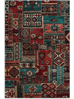 Pastel Home Vintage Bordo Yeşil Patchwork Şönil Halı Kilim Yolluk Kaymaz Yıkanabilir Saçaklı Mutfak Salon