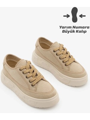 Marjin Kadın Sneaker Yüksek Kalın Desenli Ultra Hafif Taban Bağcıklı Spor Ayakkabı Ergu Bej Keten