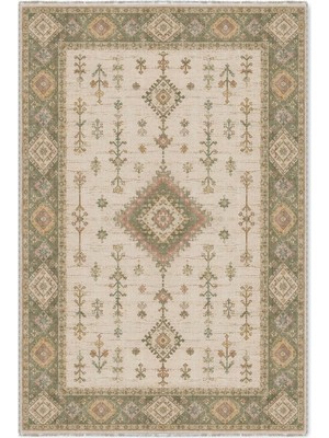 Pastel Home Bej Yeşil Etnik Şönil Halı Kilim Yolluk Kaymaz Yıkanabilir