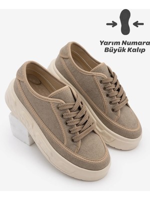 Marjin Kadın Sneaker Yüksek Kalın Desenli Ultra Hafif Taban Bağcıklı Spor Ayakkabı Ergu Vizon Keten