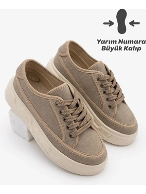 Marjin Kadın Sneaker Yüksek Kalın Desenli Ultra Hafif Taban Bağcıklı Spor Ayakkabı Ergu Vizon Keten