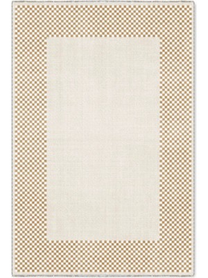 Pastel Home Modern Tasarım Bej Sarı Hardal Çerçeveli Şönil Halı Kilim Yolluk Kaymaz Yıkanabilir