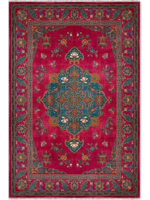 Pastel Home Fuşya Kırmızı Retro Vintage Şönil Halı Kilim Yolluk Kaymaz Yıkanabilir Salon Mutfak Koridor