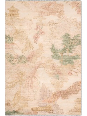 Pastel Home Bej Yeşil Pembe Retro Japon Modeli Şönil Halı Kilim Yolluk Kaymaz Yıkanabilir Saçaklı Salon Mutfak