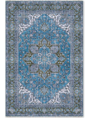 Pastel Home Mavi Boho Eskitme Şönil Halı Kilim Yolluk Kaymaz Salon Mutfak Koridor