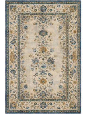 Pastel Home Bej Sarı Mavi Çiçekli Şönil Halı Kilim Yolluk Kaymaz Yıkanabilir