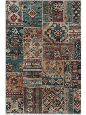 Pastel Home Kahverengi Yeşil Eskitme Patchwork Şönil Halı Kilim Yolluk Kaymaz Yıkanabilir Saçaklı