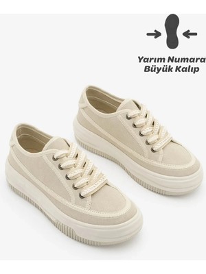 Marjin Kadın Sneaker Yüksek Taban Bağcıklı Bez Spor Ayakkabı Kotnel Bej Süet