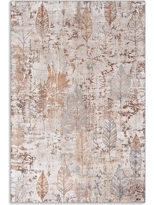 Pastel Home Tasarım Çift Taraflı Yıkanabilir Şönil Halı Kilim Yolluk Vizon Kahve Yaprak Desenli